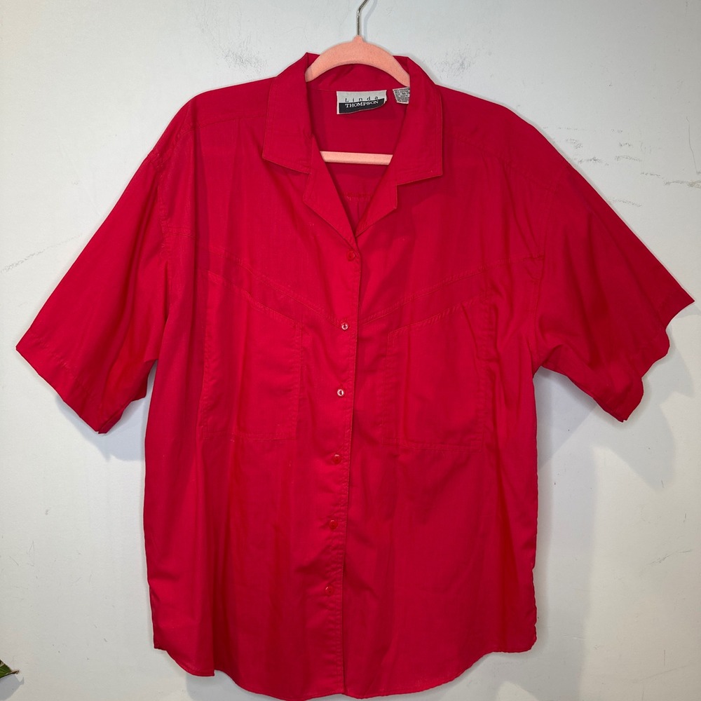 Laggenlook Scandi Minimalist Vintage Red Short Sleeve Button Up Shirt Western XL